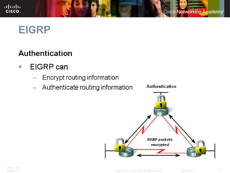 EIGRP Authentication EIGRP can Encrypt routing information Authenticate routing information